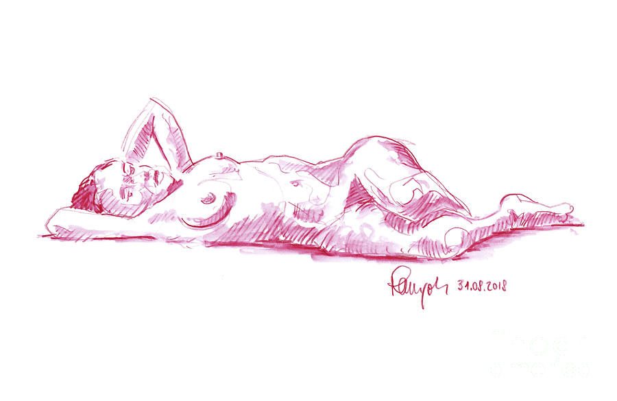 Nude Drawing - Female Figure Drawing Laying Pose Watercolor Pencil Magenta by Frank Ramspott