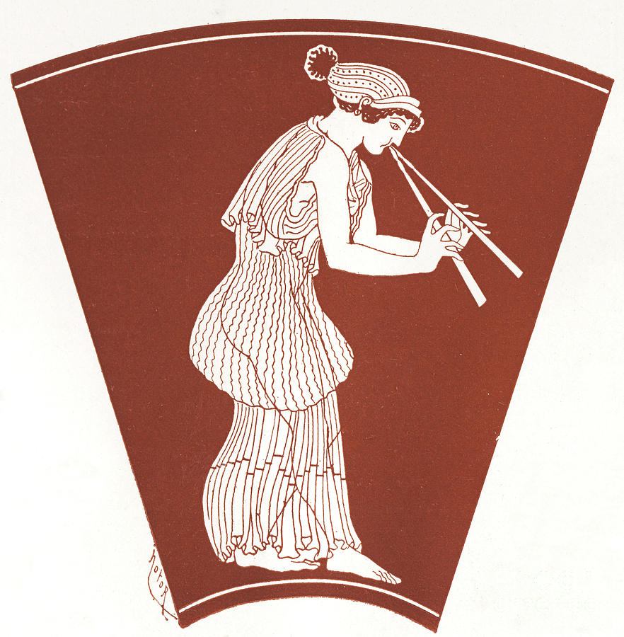 Female Musician Playing A Double Aulos Drawing by European School
