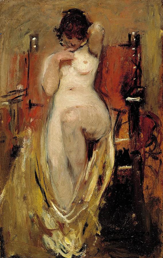 Female Nude, 1894, Spanish School, Oil on panel, 31 cm x 20 cm, P04... Painting by Ignacio Pinazo Camarlench -1849-1916-