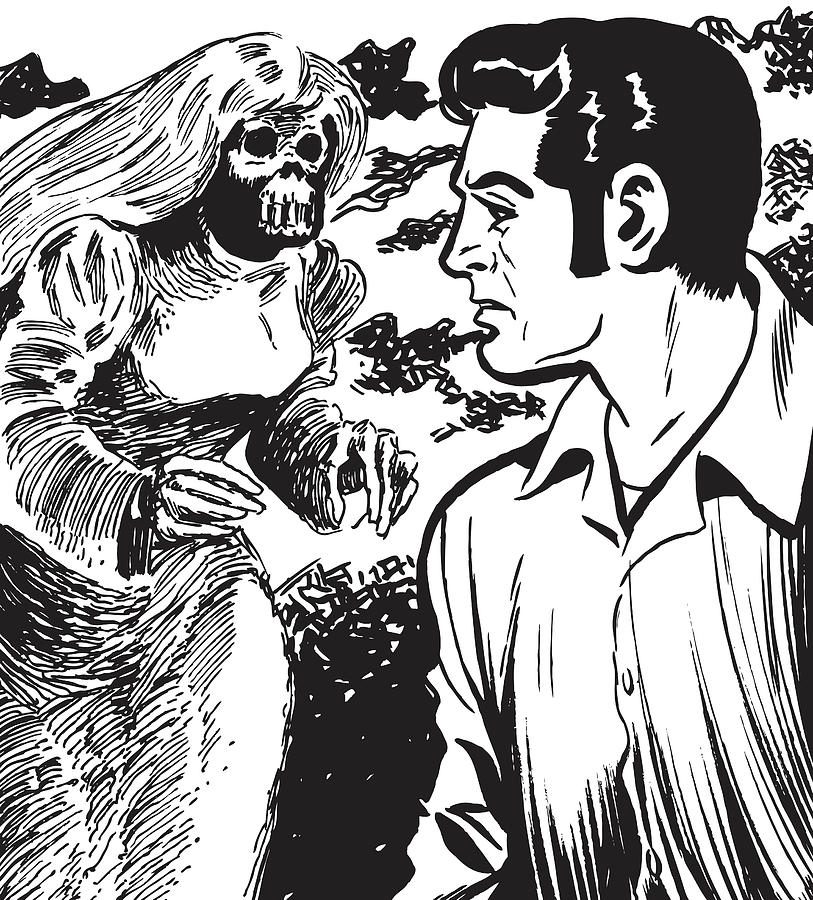 Black And White Drawing - Female Zombie and Dark Haired Man by CSA Images