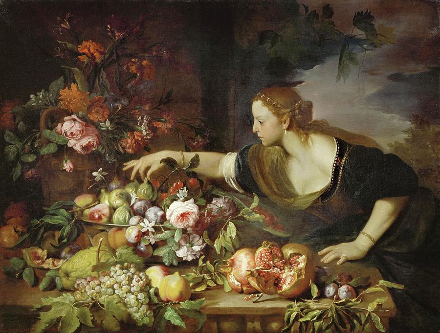 Femme prenant des fruits-a woman taking fruit. Perhaps allegory for a season. Painting by Abraham Brueghel Abraham Brueghel