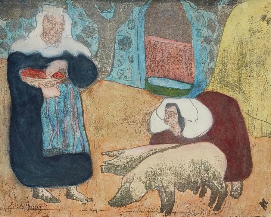 Emile Bernard Painting - Femmes Au Porcs by Emile Bernard