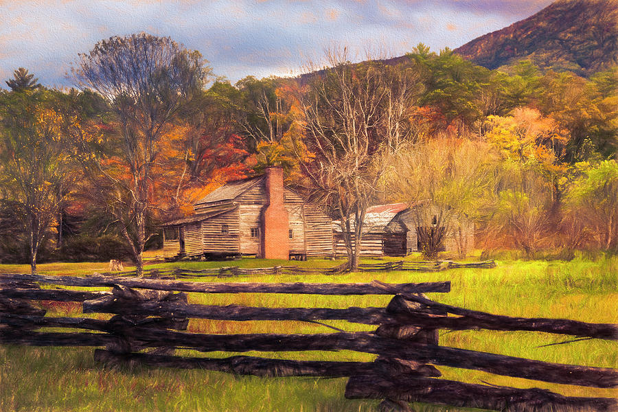 Fences and Cabins Cades Cove Oil Painting Photograph by Debra and Dave Vanderlaan