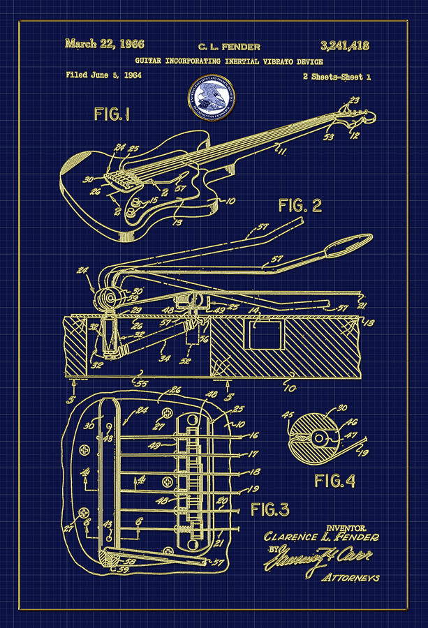Fender Guitar Vibrato Patent Drawing Digital Art by Carlos Diaz