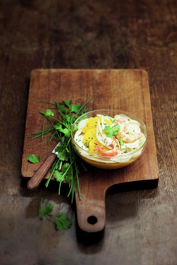 Fennel Carpaccio With Orange And Shrimps On A Bed Of Potato-carrot Mash Photograph by Garnier