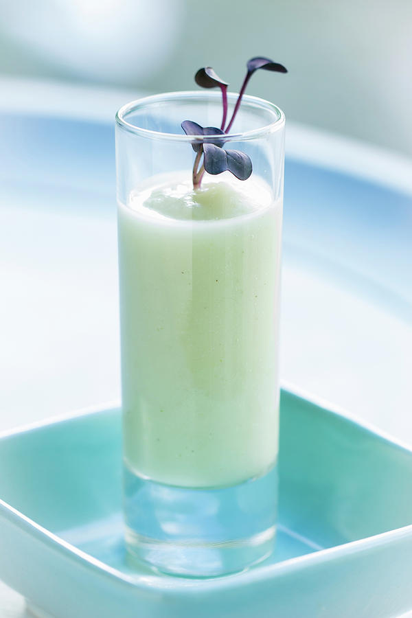 Fennel Cream Soup With Purple Cress In A Glass Against A Light Blue Background Photograph by Charlotte Von Elm