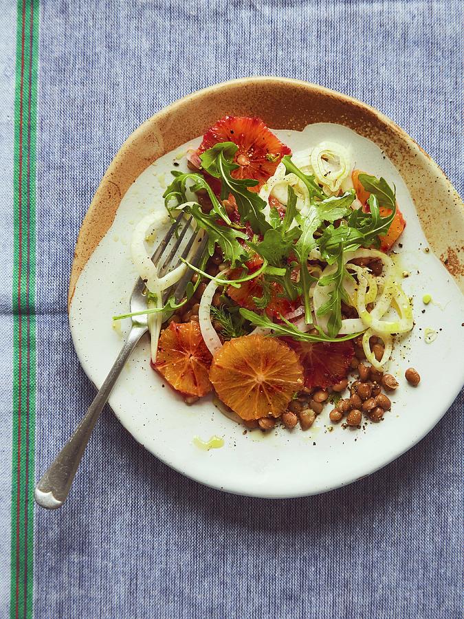 Fennel Salad With Blood Orange, Dill Oil And Green Lentils Photograph by Lukejalbert