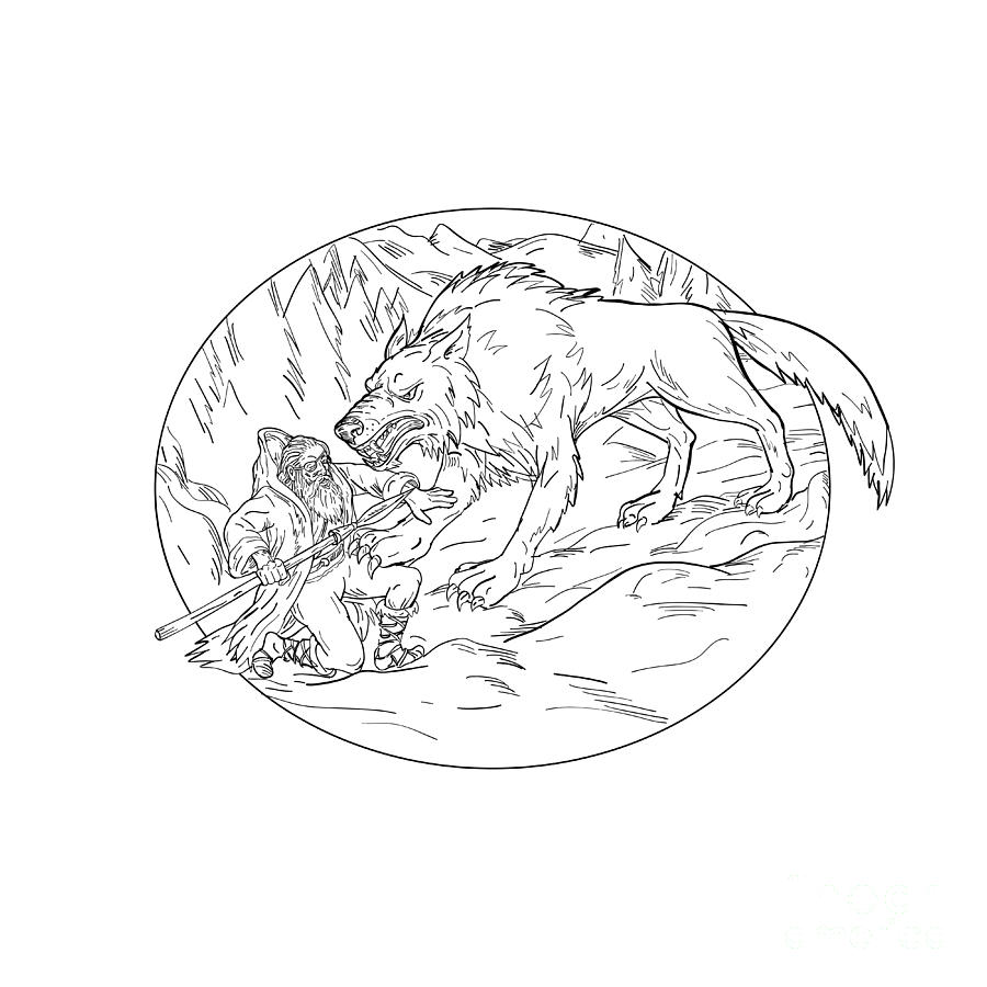 Fenrir Attacking Norse God Odin Drawing Black And White Digital Art
