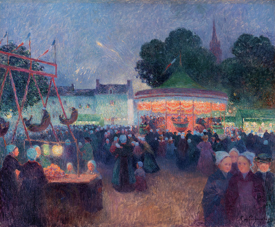 Ferdinand Du Puigaudeau -Nantes, 1864-Le Croisic, 1930-. Night Fair at Saint-Pol-de-Leon -ca. 189... Painting by Ferdinand du Puigaudeau -1864-1930-
