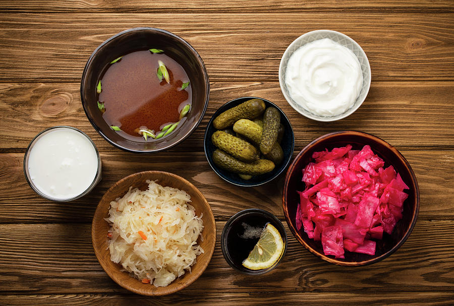 Fermented Foods And Drinks: Kimchi, Pickles, Sauerkraut, Miso Soup, Kombucha, Yogurt, Kefir Photograph by Olena Yeromenko