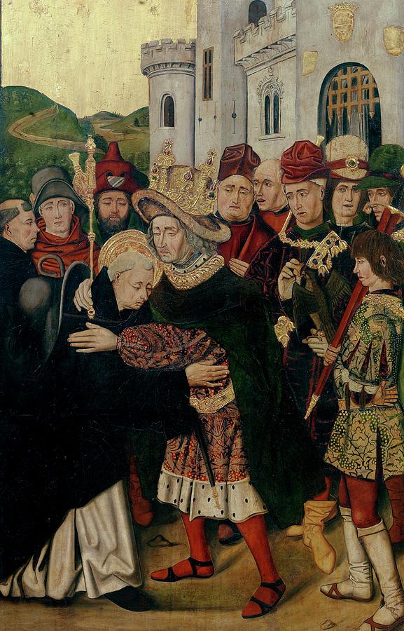 Fernando I de Castilla acogiendo a Santo Domingo de Silos, 1... Painting by Martin Bernat -fl 1454-1505- Bartolome Bermejo -c 1440-c 1501-