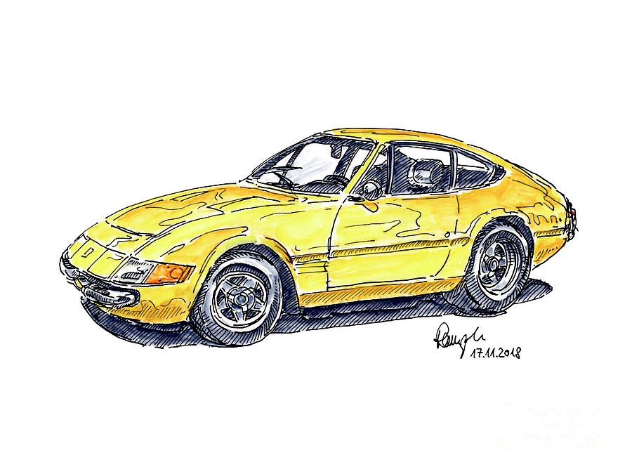 Car Drawing - Ferrari 365 GTB/4 Daytona Classic Sports Car Ink Drawing and Wat by Frank Ramspott