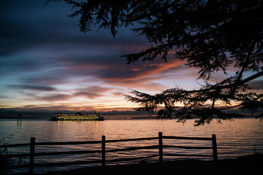 Nature Digital Art - Ferry On Puget Sound At Sunset, Bainbridge, Washington, United States by Pete Saloutos