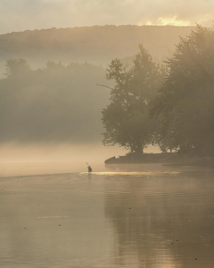 Ferry Park in Rocky Hill, CT at Sunrise  with a Kayak in the dis Photograph by Kyle Lee