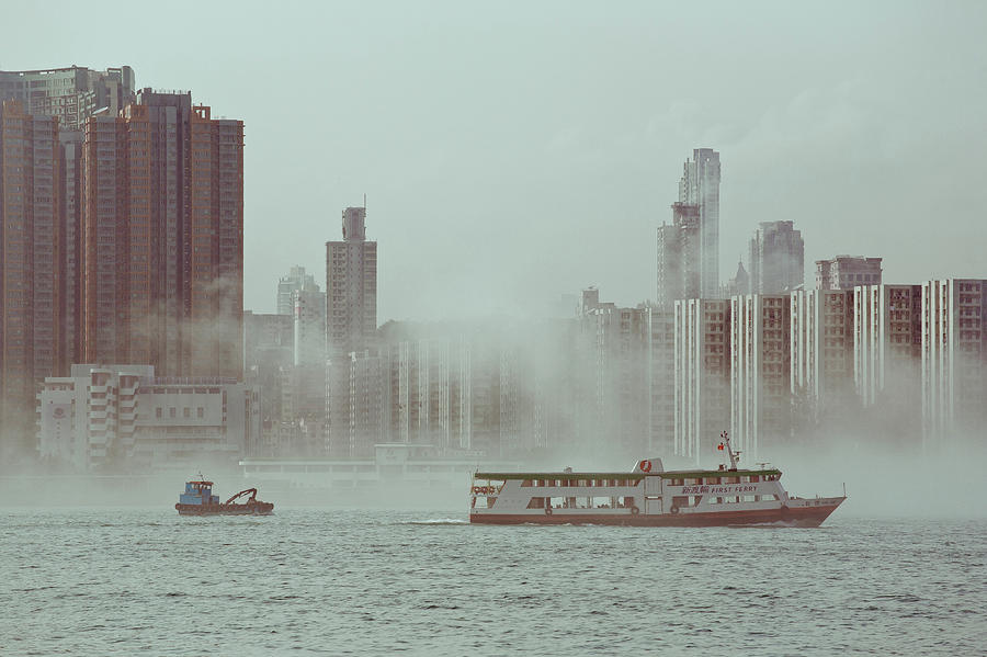 Ferry Sailing Across Harbour In Foggy Photograph by D3sign