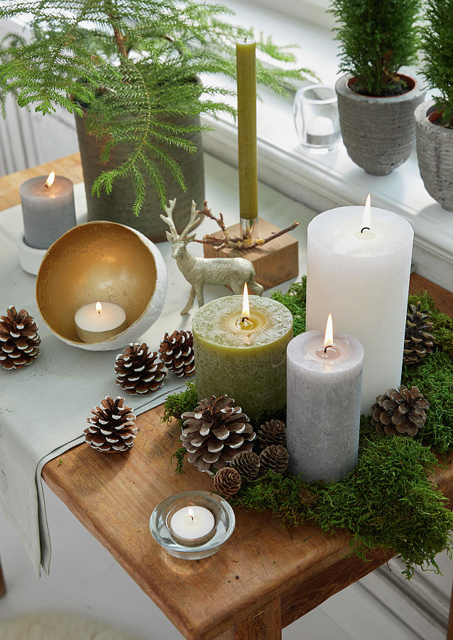 Festive Arrangement Of Candles, Pine Cones And Moss On Table Photograph by Medri - Szczepaniak