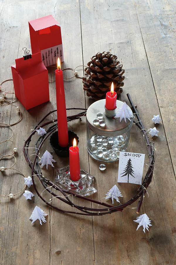 Festive Arrangement With Red Candles In Wreath Of Twigs Photograph by Regina Hippel