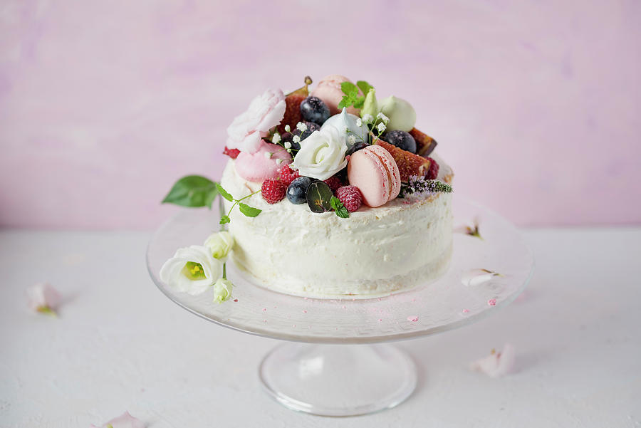 Festive Cake Decorated With Macarons And Berries Photograph by Joanna Stolowicz