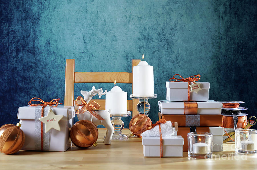 Festive Christmas Copper and White Gifts Photograph by Milleflore Images