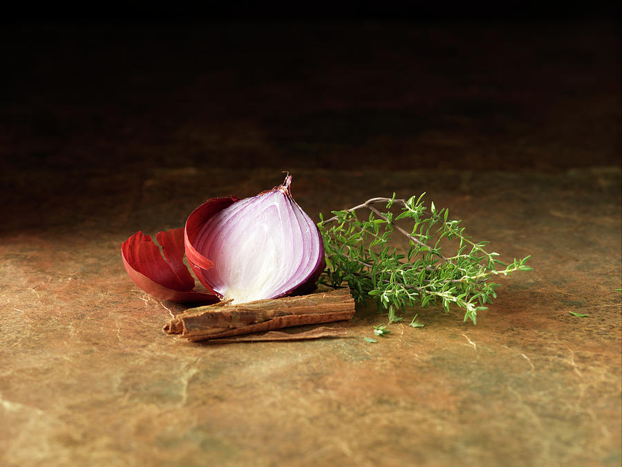 Still Life Digital Art - Festive Christmas Ingredients Of Red Onion, Thyme And Cinnamon For Spiced Bacon & Venison Cocktail Sausage Rolls by Diana Miller