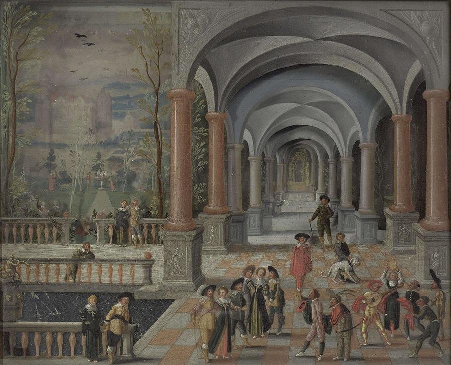 Festive Gathering and Figures from a Commedia dellArte in a Gallery. Painting by Monogrammist DB -schilder-