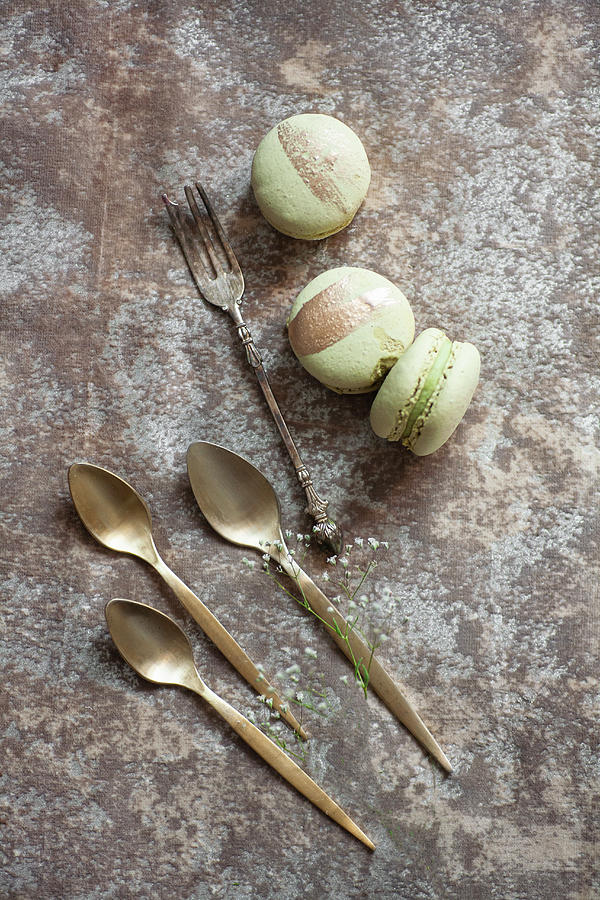 Festive Green Macarons With Gold Leaf Decoration Photograph by Alicja Koll