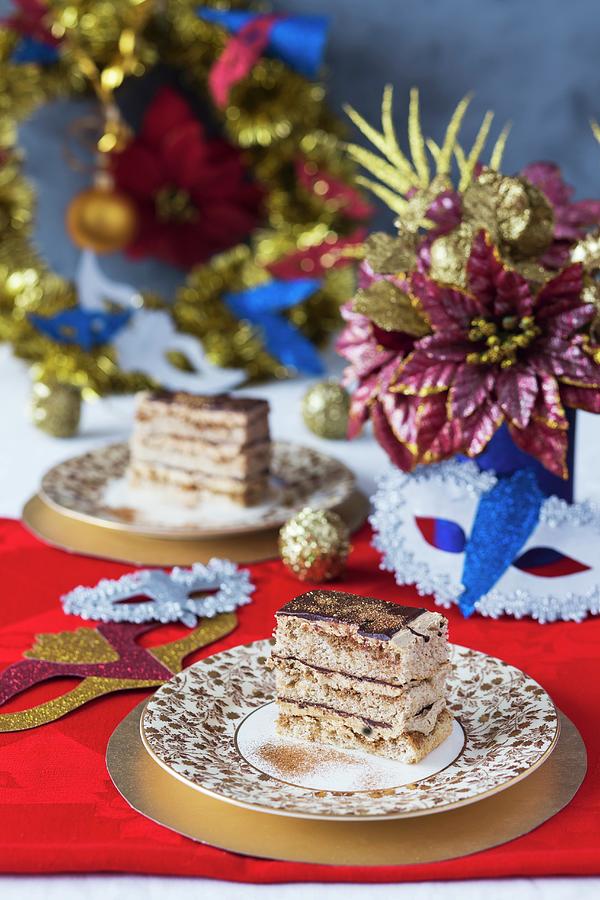 Festive Opera Cake With Edible Golden Glitter. Photograph by Malgorzata Laniak