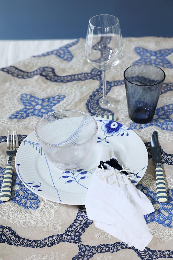 Festive Place Setting In Blue And White On Embroidered Tablecloth Photograph by Annette Nordstrom