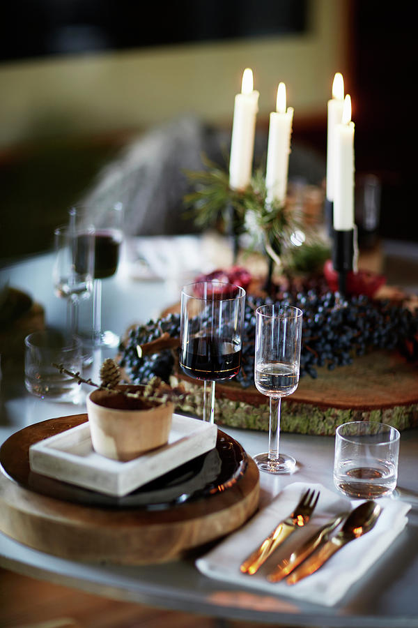Festive Place Setting On Table Set For Christmas With Four Candles Photograph by Birgitta Wolfgang Bjornvad