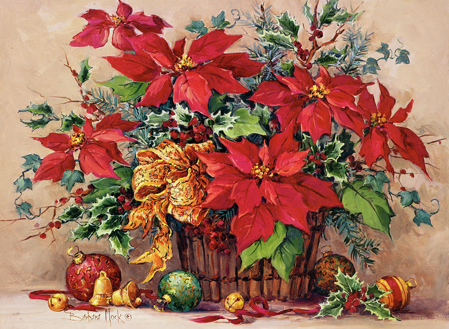 Christmas Painting - Festive Poinsettia Basket by Barbara Mock