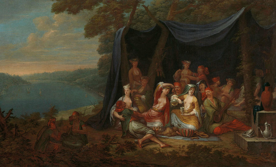 Festive Turkish Courtiers in Front of a Tent Painting by Jean Baptiste Vanmour