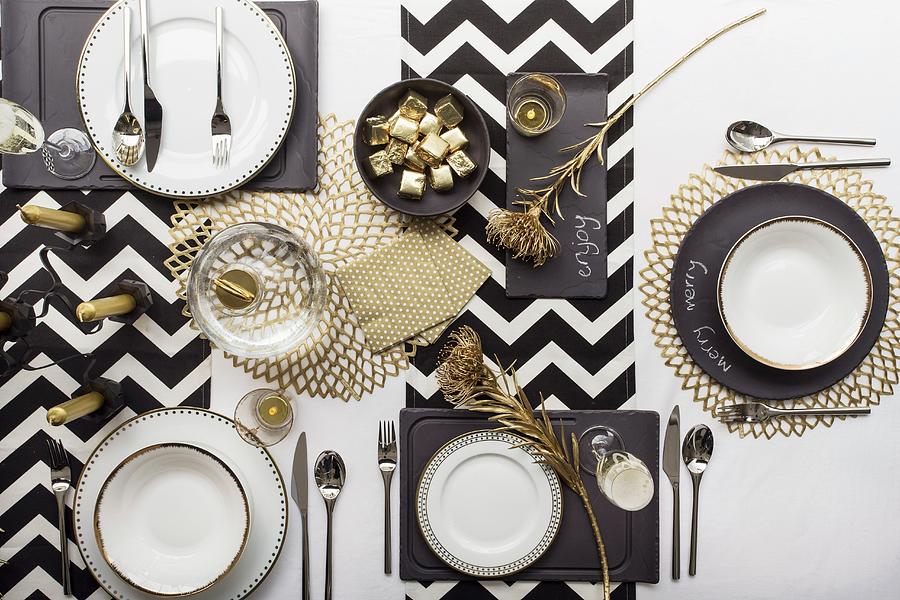 Festively Set Table In Black, White And Gold top View Photograph by Great Stock!