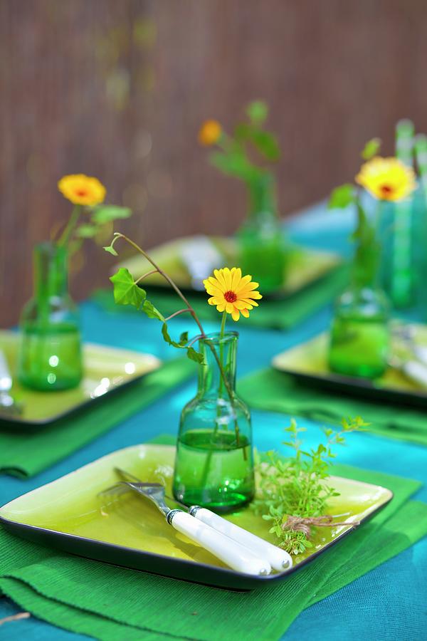 Festively Set Table In Shades Of Blue And Green Outdoors Photograph by Studio Lipov