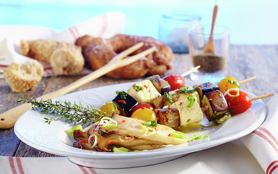 Feta Cheese And Vegetables Skewers With Mushroom Antipasti And Bread Photograph by Teubner Foodfoto