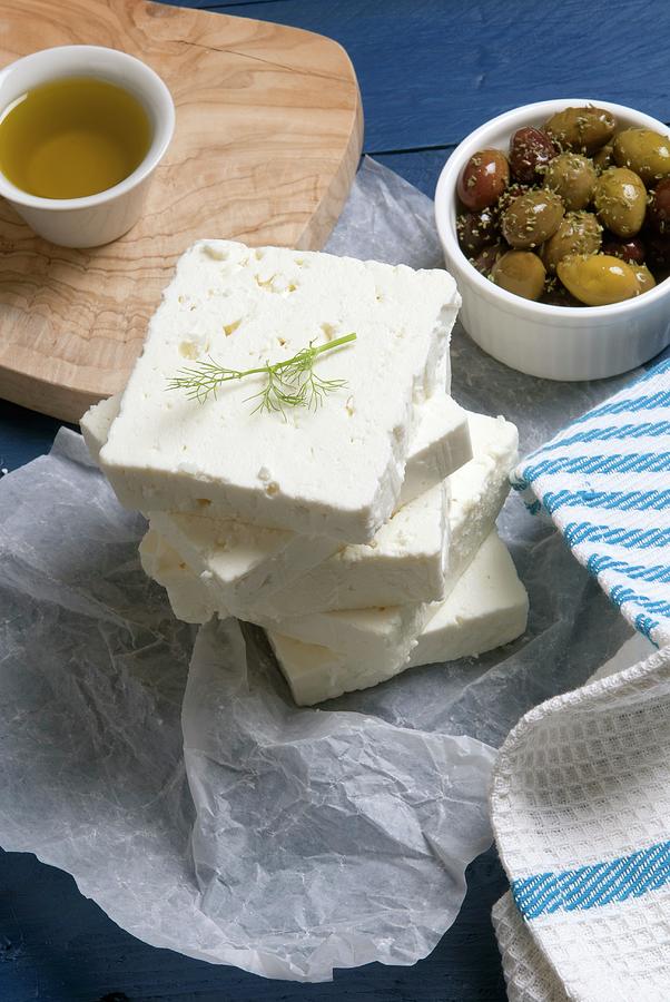 Feta Cheese, Olive Oil And Olives Photograph by Spyros Bourboulis ...