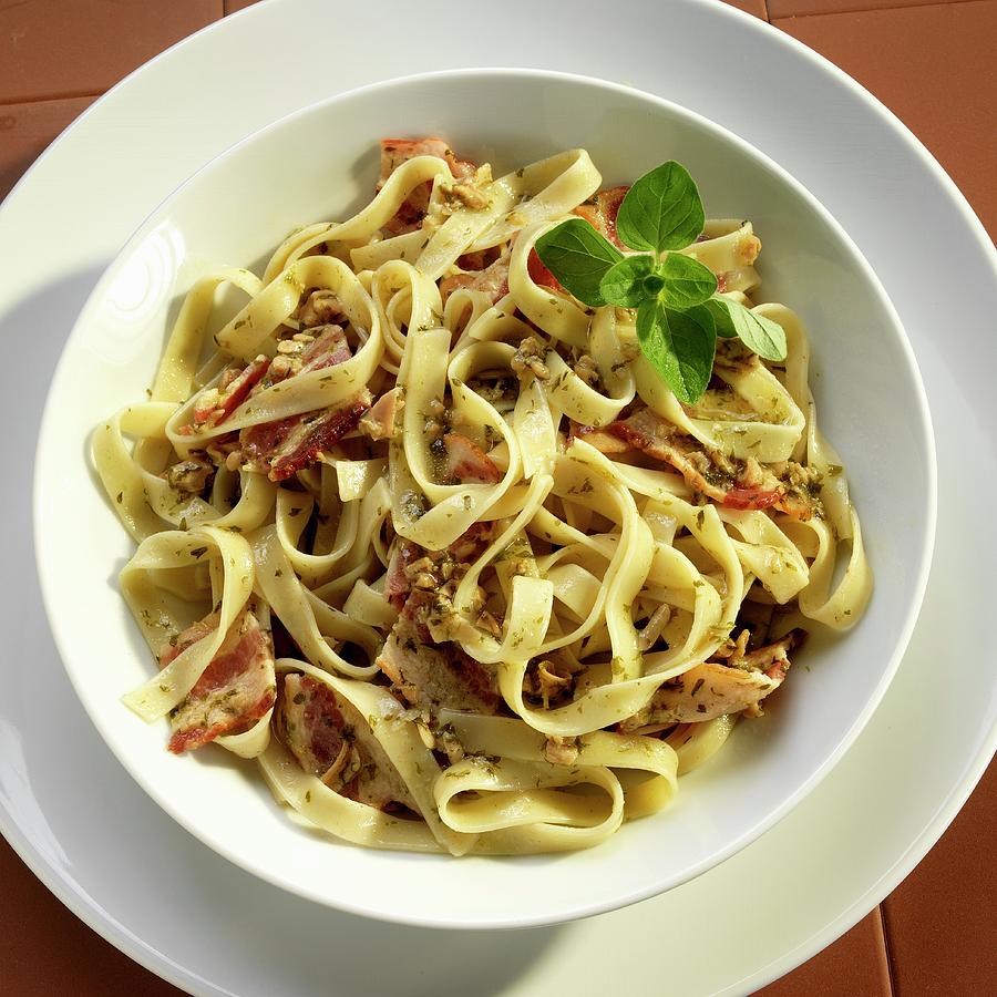 Fettuccine With A Mussel Sauce And Bacon Photograph by Paul Poplis