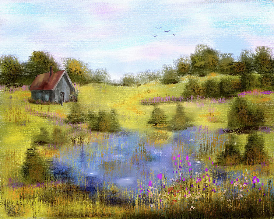 Field of Lake and Flowers Digital Art by Mary Timman
