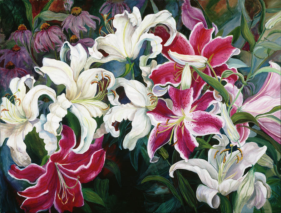 Field Of White And Pink Lilies Painting by Joanne Porter