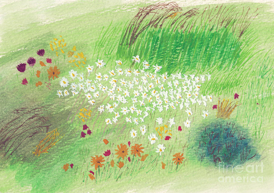 Field of Wildflowers Watercolor Painting by Conni Schaftenaar