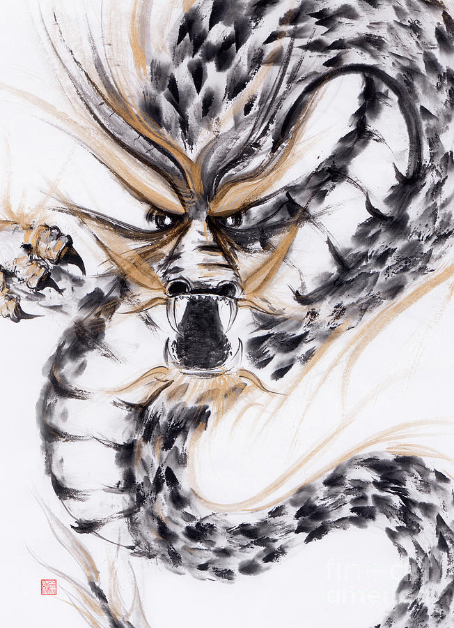 Fierce Face Of A Coiled Asian Dragon Sumi-e Ink Painting Painting by ...