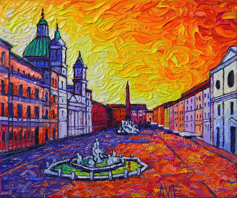 Abstract Painting - FIERY NAVONA ROME ITALY modern impressionist textural impasto knife oil painting Ana Maria Edulescu by Ana Maria Edulescu