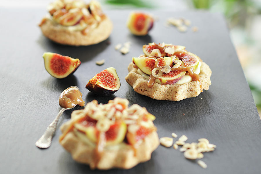 Fig And Hazelnut Tartlets With Vanilla Cream And Date-caramel vegan Photograph by B.b.s Bakery