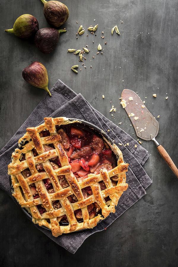 Fig Cardomom Apple And Raspberry Pie With Fresh Figs Cardomom And Serving Slice Photograph by Sarah Coghill