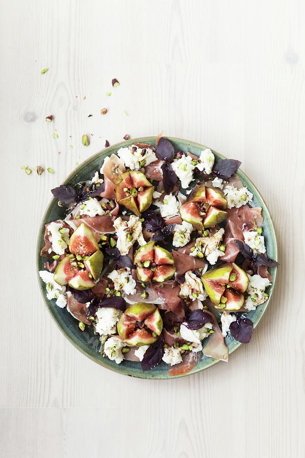 Fig Prosciutto And Mozarella Salad With Purple Basil And Balsamic Vinegar Pistachio Nuts Photograph by Sarah Coghill