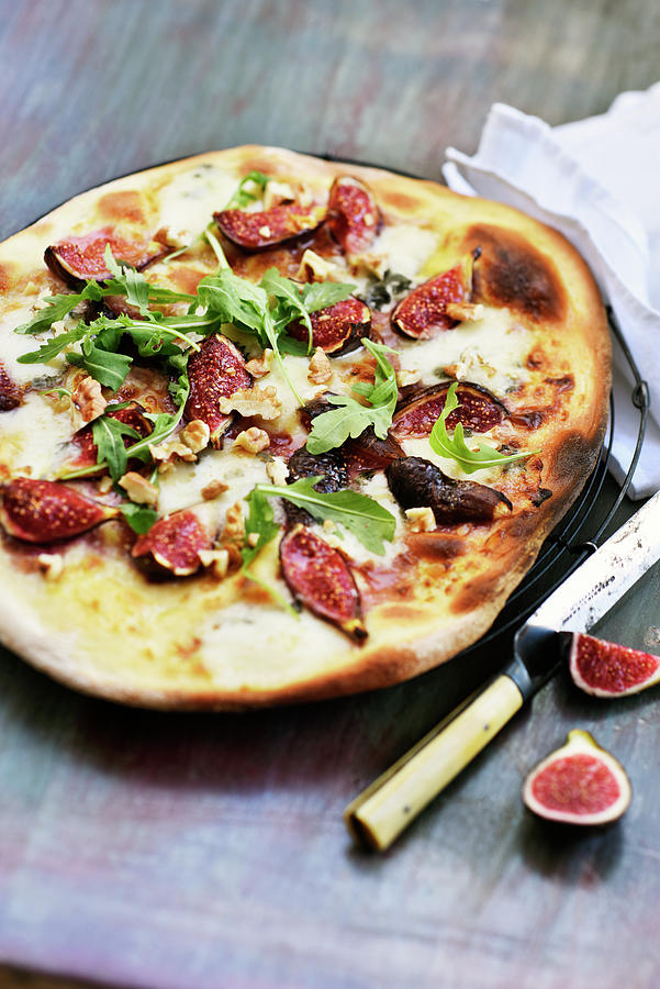 Fig, Roquefort, Walnut And Rocket Lettuce Pizza Photograph by Ploton