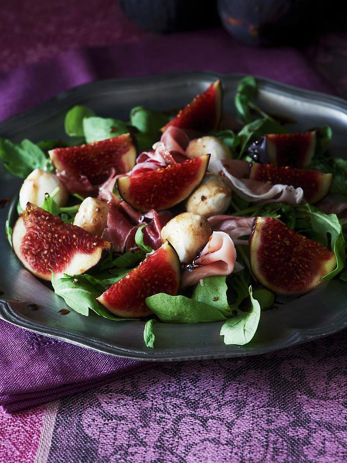 Fig Salad With Rocket, Ham And Mini Mozzarella Photograph by Hannah Kompanik