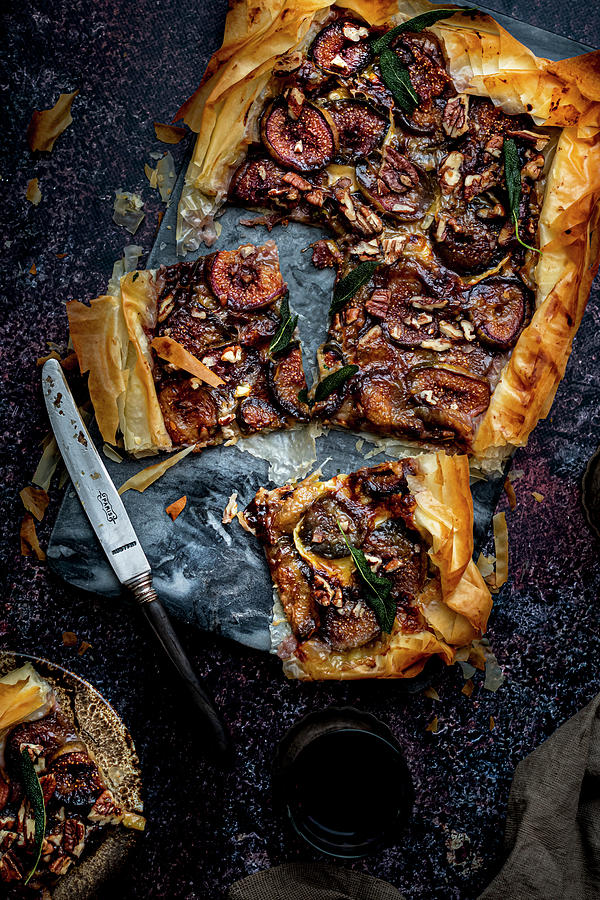 Fig Tart In Phyllo Crust With Blue Camembert Cheese, Crispy Sage And Chopped Nuts Photograph by Hein Van Tonder