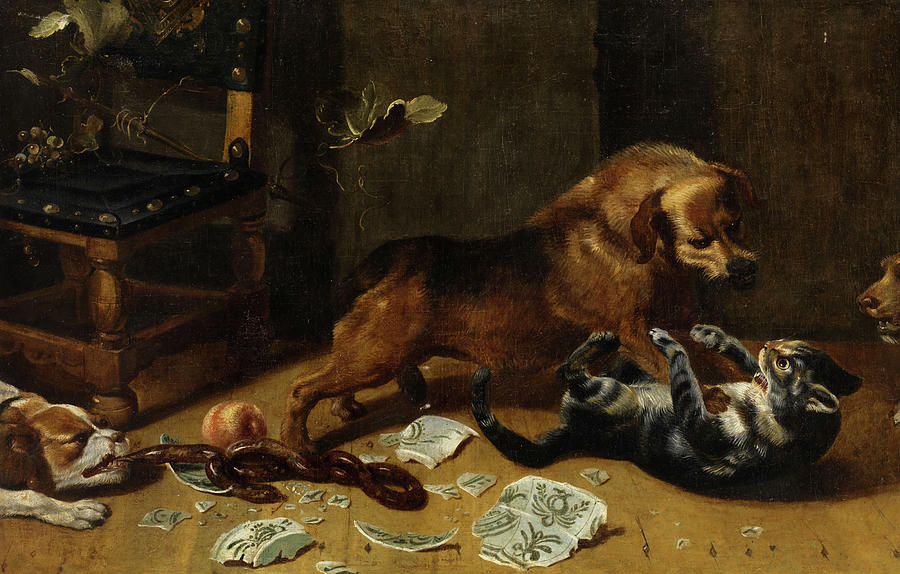 Animal Painting - Fighting Dogs and Cats in a Kitchen  by Frans Snyders
