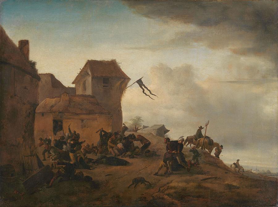 Fighting Peasants near a Village. Painting by Philips Wouwerman