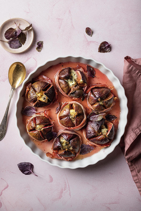 Figs Bake With Prosciutto, Gorgonzola, With Maple Syrup And Purple Basil Photograph by Zuzanna Ploch